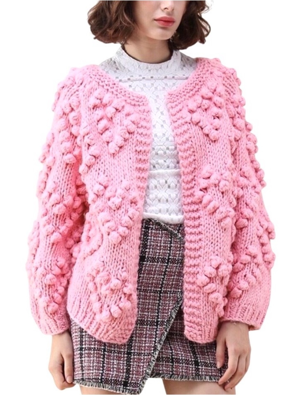 ChicWish Knit Your Love Baby Pink Oversized Heart Popcorn Cardigan Sweater